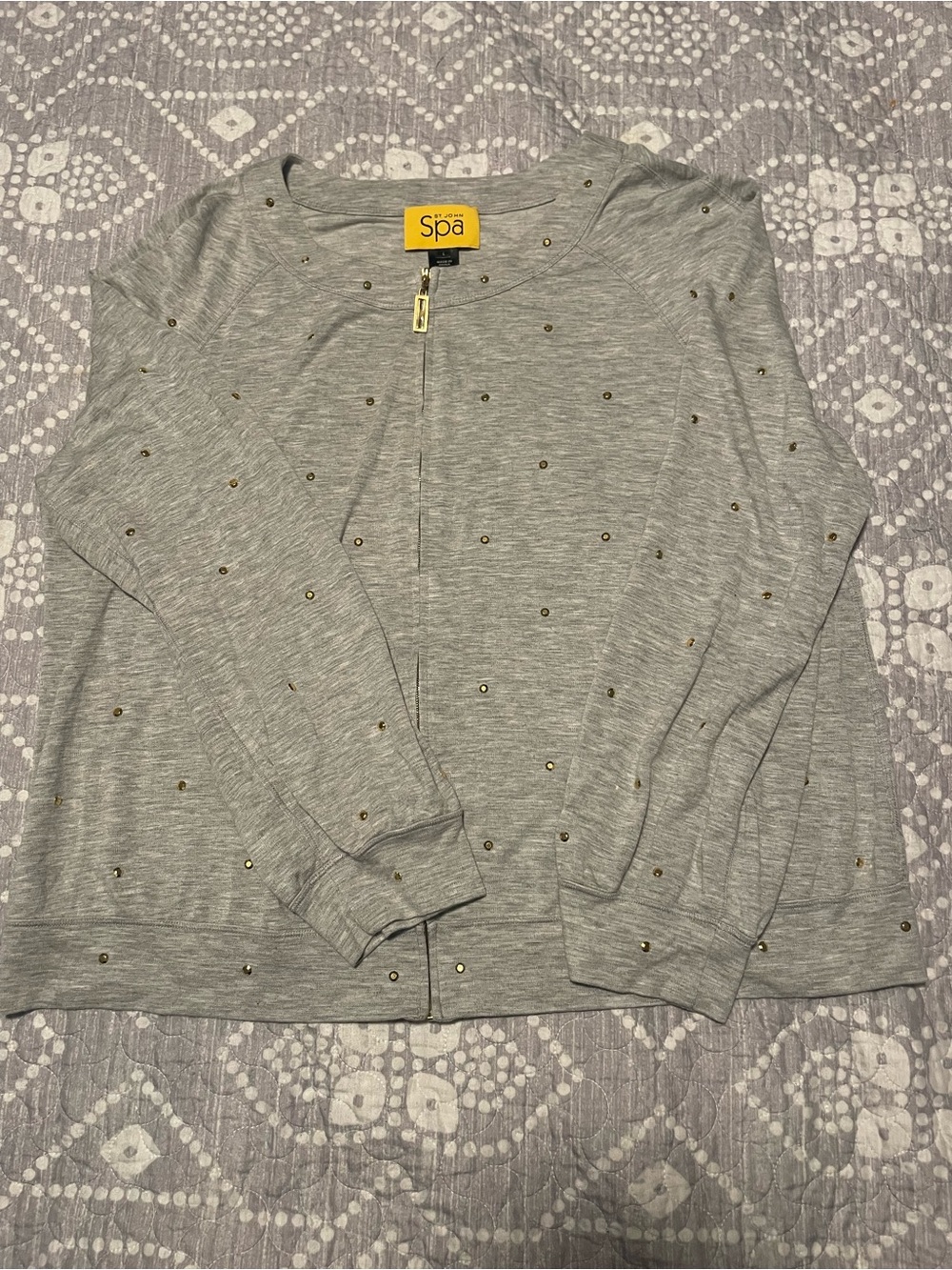 St John Spa Grey Gold Studded Zip-Front Women's Lightweight Zip Up - Size L